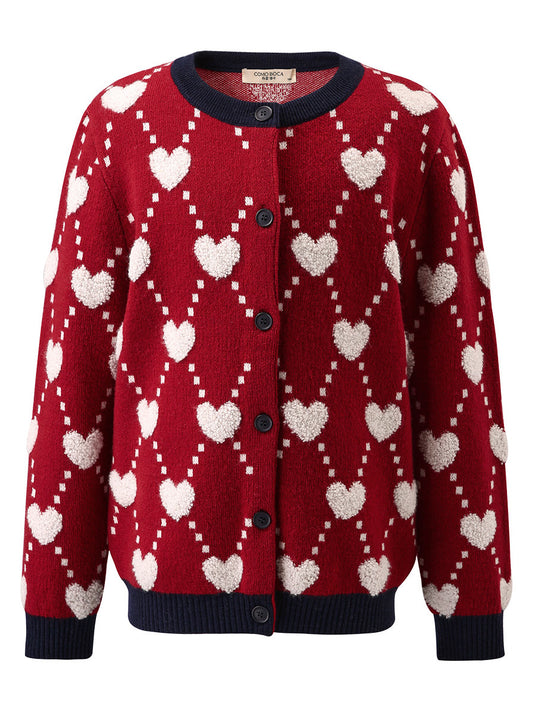 COMOBOCA 100% Wool Kids' Heart Pattern Knit Cardigan