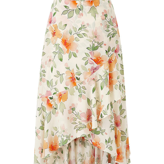COMOBOCA 100% Mulberry Silk Women's Floral Ruffle Midi Skirt