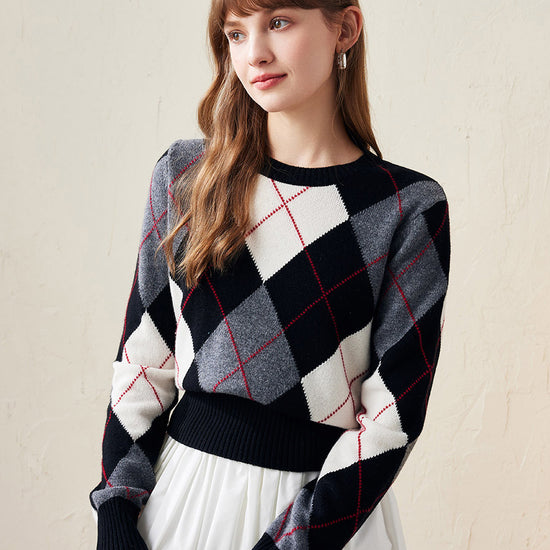 COMOBOCA L Black 100% Wool Women's Argyle Pattern Knit Sweater