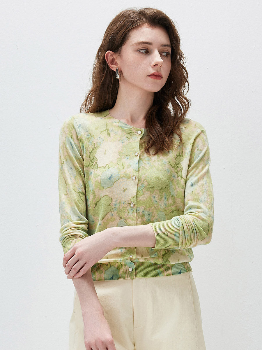 COMOBOCA Floral Women's Watercolor Floral Print Knit Cardigan