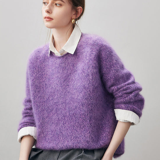 COMOBOCA 100% Wool Women's Fuzzy Round Neck Sweater