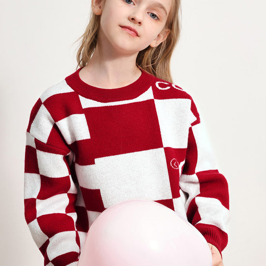 COMOBOCA RED 100% Wool Kids' Color Block Round Neck Sweater