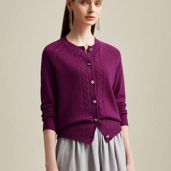 COMOBOCA Purple 100% Cashmere Women's Cable Button Knit Cardigan