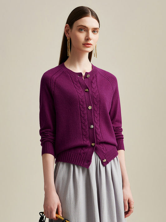 COMOBOCA Purple 100% Cashmere Women's Cable Button Knit Cardigan