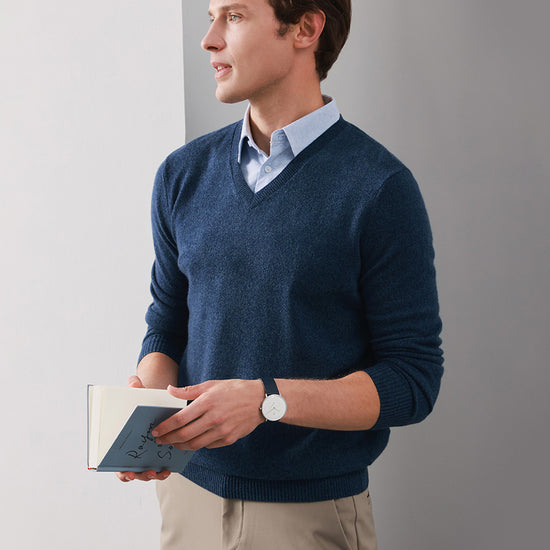 COMOBOCA DARK BLUE 100% Cashmere Men's V-Neck Sweater