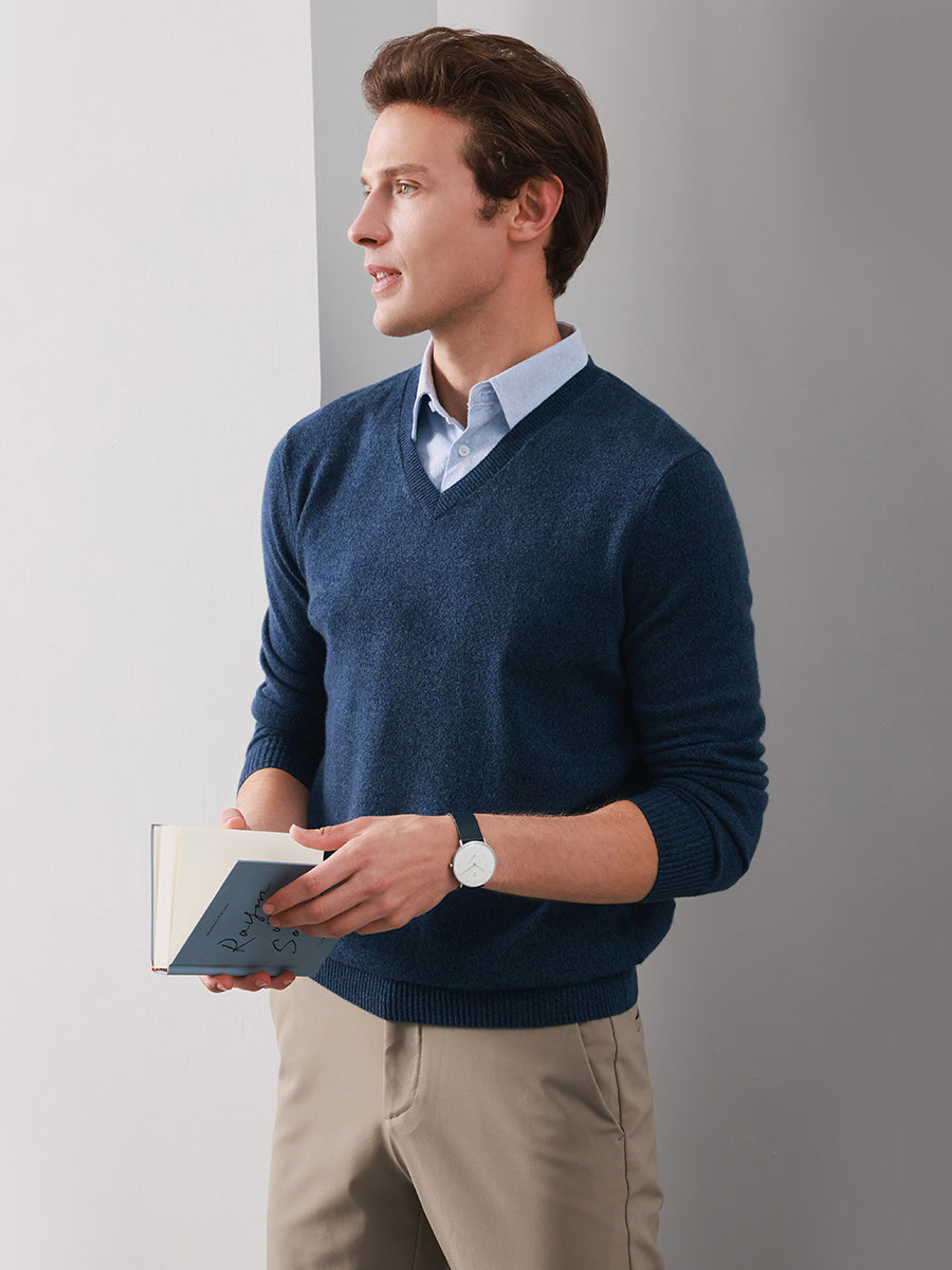 COMOBOCA DARK BLUE 100% Cashmere Men's V-Neck Sweater