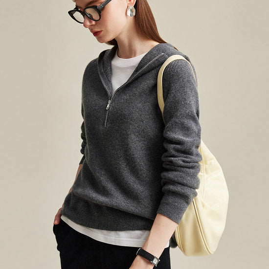 COMOBOCA 100% Cashmere Women's Zip-Up Ribbed Hoodie