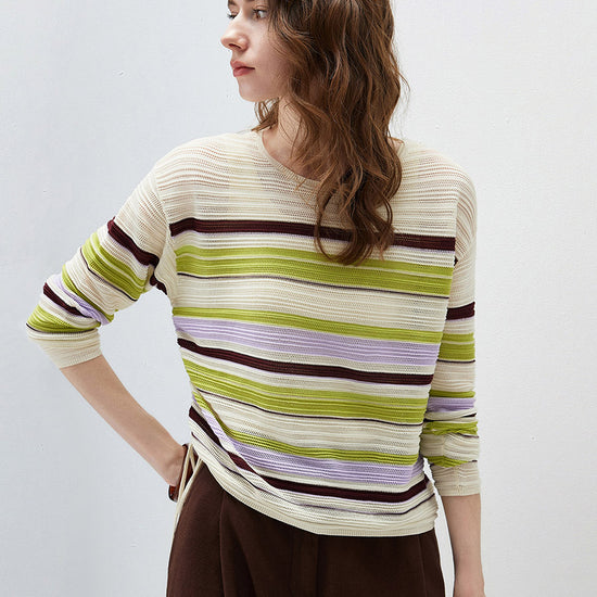 COMOBOCA Women's Striped Mesh Ruched Drawstring Knit Sweater