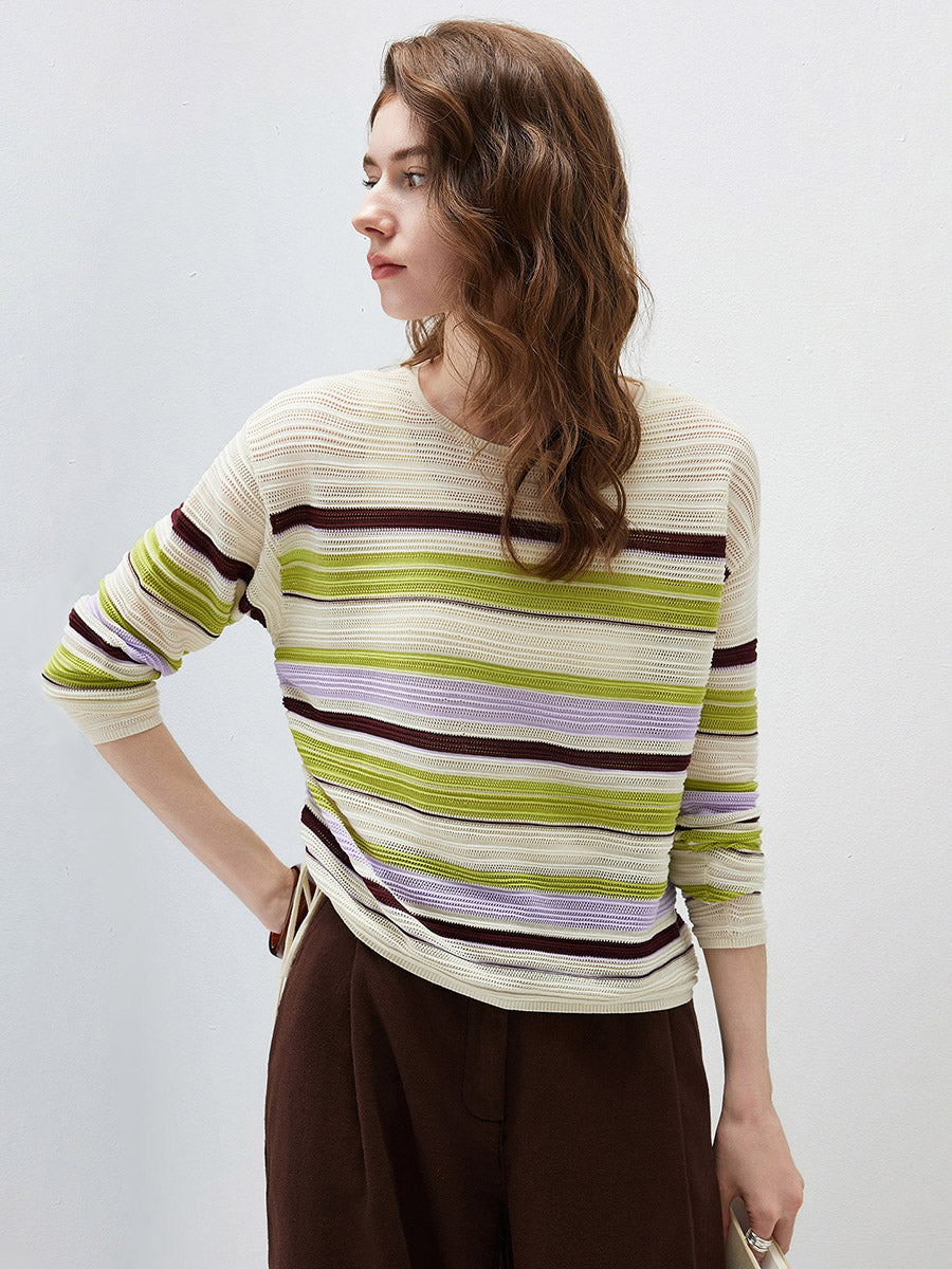 COMOBOCA Women's Striped Mesh Ruched Drawstring Knit Sweater