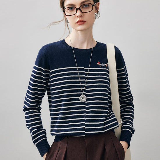 COMOBOCA Navy Blue 100% Cashmere Women's Striped Round Neck Sweater