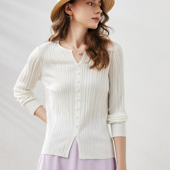 COMOBOCA White Women's Ribbed V-Neck Faux Cardigan Sweater