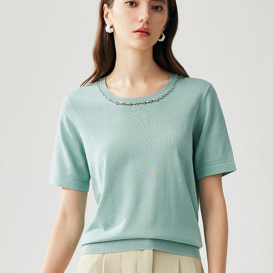 COMOBOCA Women's Cotton Silk Jeweled Neckline T-Shirt