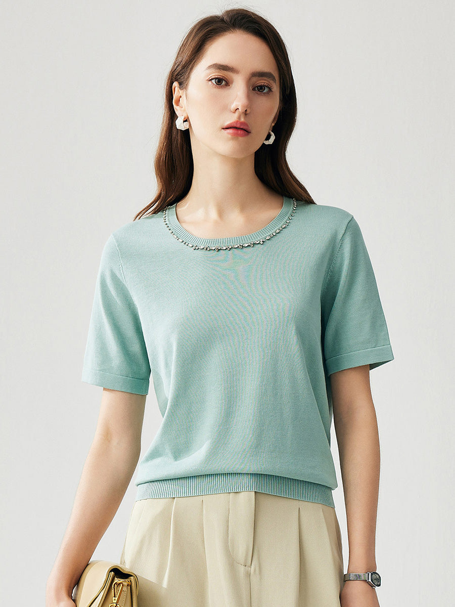 COMOBOCA Women's Cotton Silk Jeweled Neckline T-Shirt