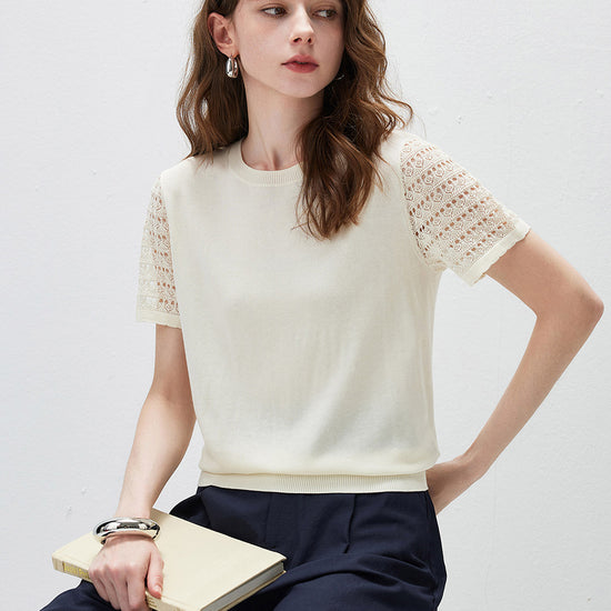 COMOBOCA Women's Lace Round Neck Knit T-Shirt