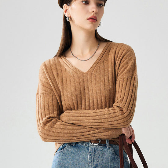 COMOBOCA 100% Cashmere Women's Cozy Ribbed V-Neck Sweater