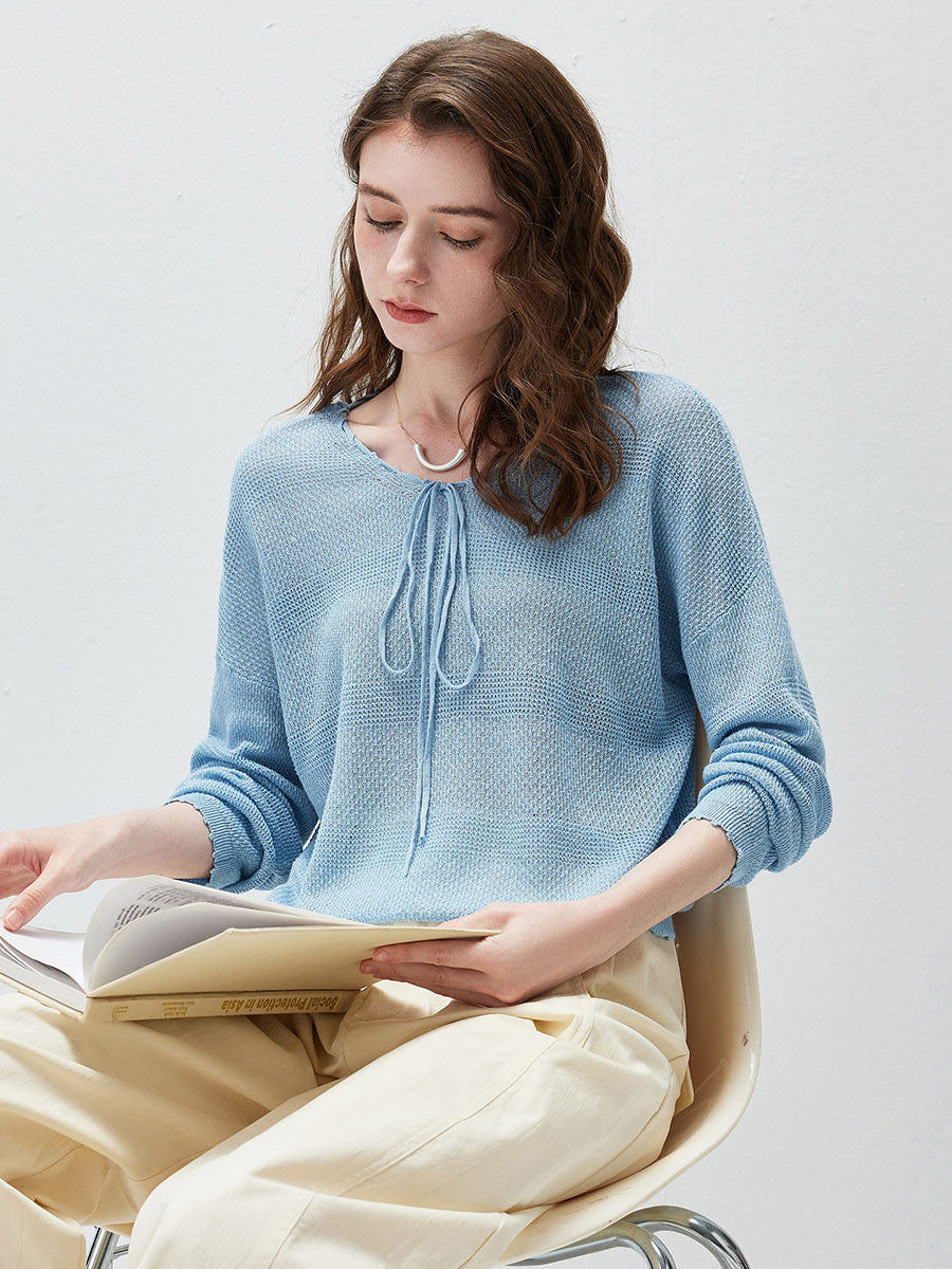 COMOBOCA Women's Tie-Neck Waffle Knit Top