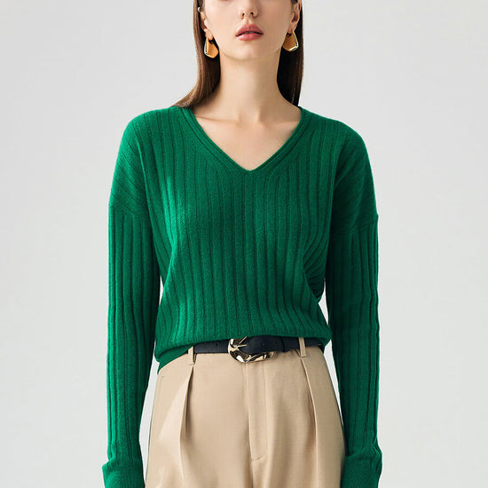 COMOBOCA Green 100% Cashmere Women's Cozy Ribbed V-Neck Sweater