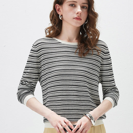 COMOBOCA Black Women's Striped Mesh Knit Round Neck Sweater