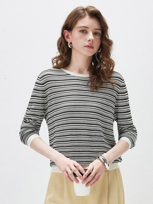 COMOBOCA Black Women's Striped Mesh Knit Round Neck Sweater