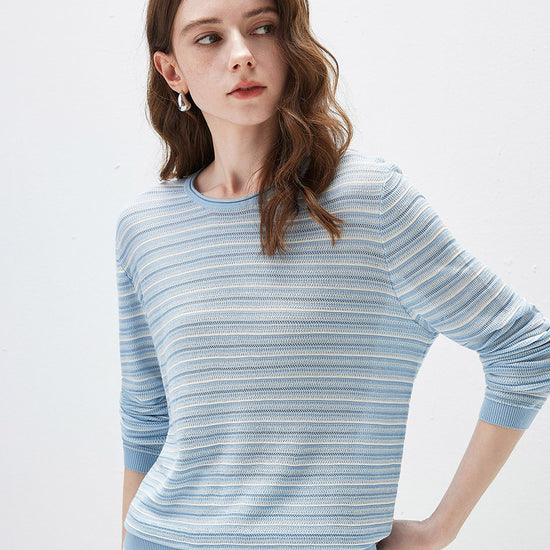COMOBOCA Women's Striped Mesh Knit Round Neck Sweater