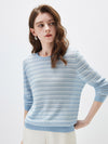 COMOBOCA Women's Striped Mesh Knit Round Neck Sweater