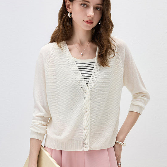 COMOBOCA Cream Women's Ribbed V-Neck Button Cardigan