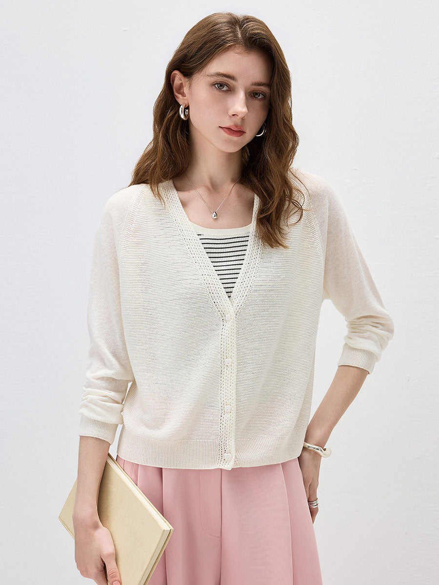COMOBOCA Cream Women's Ribbed V-Neck Button Cardigan