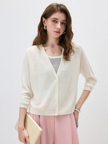 COMOBOCA Cream Women's Ribbed V-Neck Button Cardigan