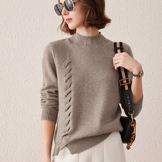 COMOBOCA Camel 100% Cashmere Women's Ribbed Cable Knit Sweater