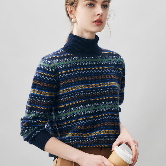 COMOBOCA 100% Cashmere Women's Fair Isle Turtleneck Sweater