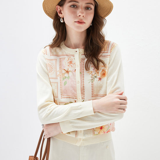 COMOBOCA Women's Printed Panel Knit Cardigan