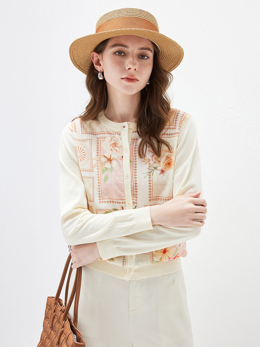 COMOBOCA Women's Printed Panel Knit Cardigan