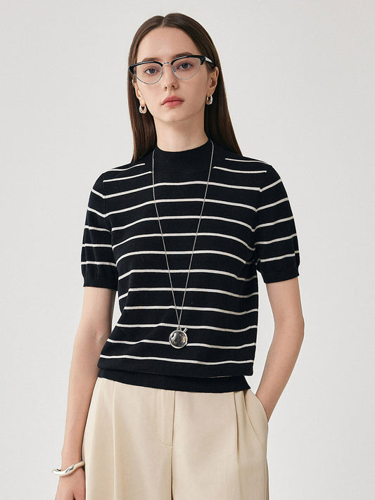COMOBOCA Black 100% Wool Women's Mock Neck Striped Ribbed T-Shirt
