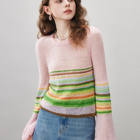 COMOBOCA Women's Rainbow Striped Flared Sleeve Sweater