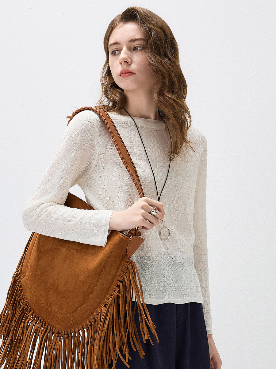 COMOBOCA Women's Textured Sheer Knit Round Neck Sweater