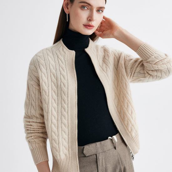 COMOBOCA 100% Cashmere Women's Cable Zip Up Knit Cardigan