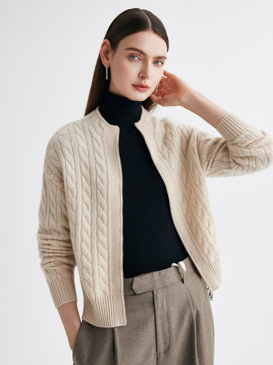 COMOBOCA 100% Cashmere Women's Cable Zip Up Knit Cardigan