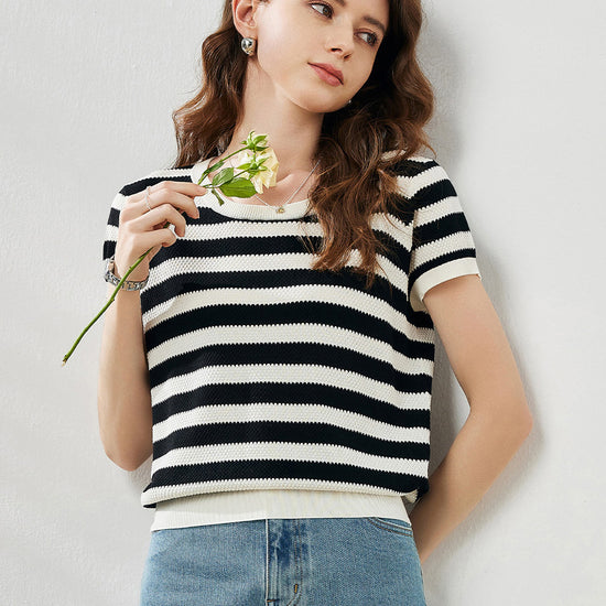 COMOBOCA Women's Striped Ribbed Knit T-Shirt