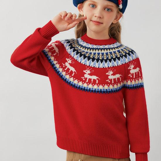 COMOBOCA 100% Wool Kids' Fair Isle Reindeer Round Neck Sweater