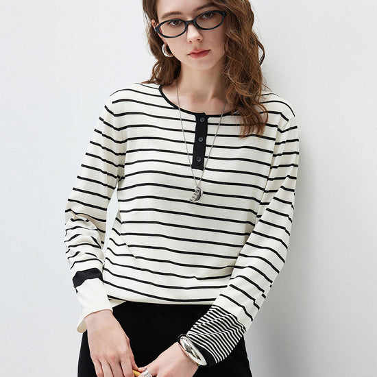 COMOBOCA Striped Women's Stripe Henley Round Neck Sweater