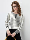 COMOBOCA Striped Women's Stripe Henley Round Neck Sweater