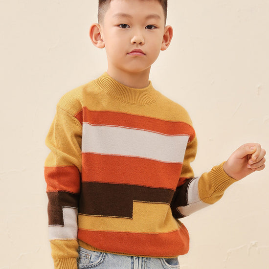COMOBOCA 100% Wool Kids' Geometric Color Block Striped Knit Sweater