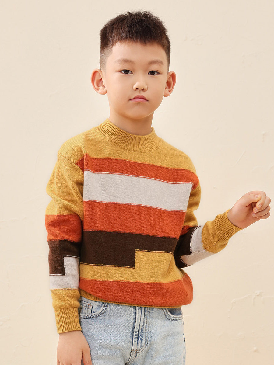 COMOBOCA 100% Wool Kids' Geometric Color Block Striped Knit Sweater
