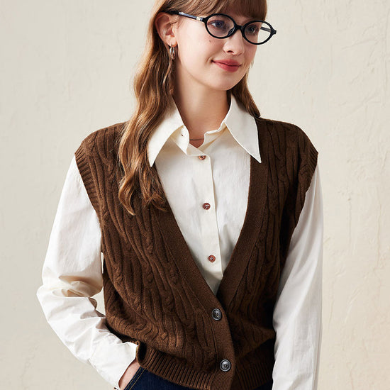 COMOBOCA Coffee 100% Wool Women's Cable Knit Button-Front Vest