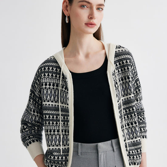 COMOBOCA 100% Cashmere Women's Fair Isle Double Zip Hoodie
