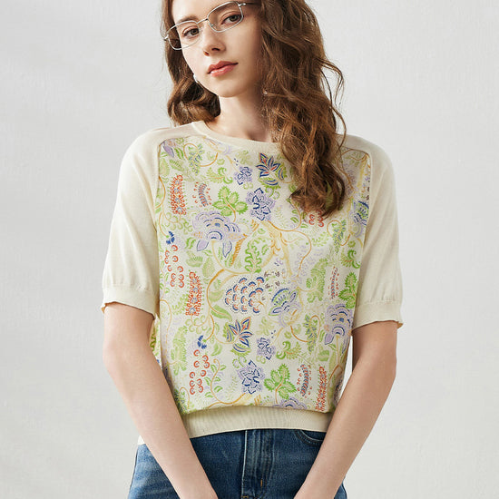 COMOBOCA Cream Women's Floral Embroidered T-Shirt