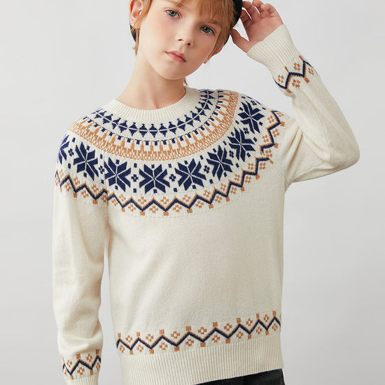 COMOBOCA 100% Wool Kids' Fair Isle Snowflake Round Neck Sweater