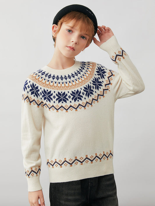 COMOBOCA 100% Wool Kids' Fair Isle Snowflake Round Neck Sweater