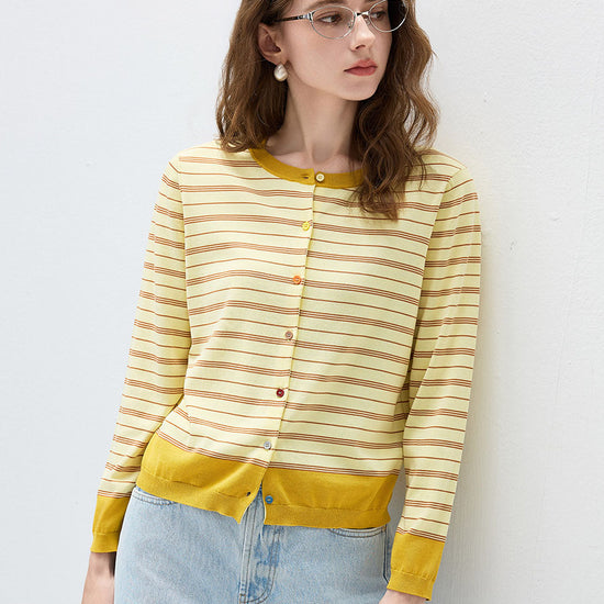 COMOBOCA Women's Striped Color Block Button Front Cardigan