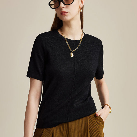 COMOBOCA Black Women's Wool Worsted Center Seam Knit T-shirt